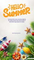 A poster welcoming summer with colorful beach and tropical elements psd