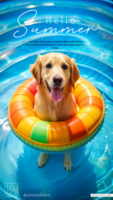 feliz cachorro desfrutando uma piscina dia em uma colorida flutuador, poster Projeto psd