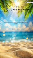Tropical beach setting with shimmering waters and sunlit sky, poster design psd