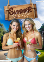 två Lycklig kvinnor i bikini njuter drycker på en sommar fest psd
