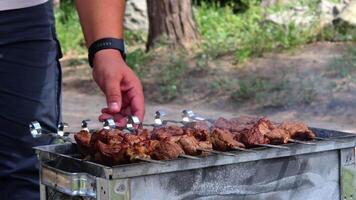 marinerad grillspett är beredd på en utegrill grill över träkol. shish kebab eller shish kebab är populär i östra Europa. shish kebab var ursprungligen tillverkad från fårkött. bbq grillad nötkött kebab. video