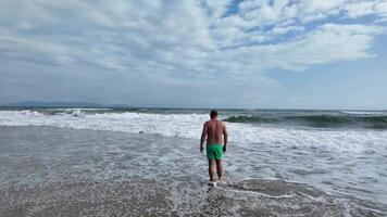 Back view of an adult male in green shorts standing by the sea on a sunny beach day, concept of summer vacation and relaxation video