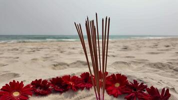 knippa av rökelse pinnar med röd blommor på en sandig strand, frammanande andlig praxis och avslappning teman, eventuellt relaterar till balis dag av tystnad nyepi video