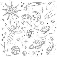 Cute doodle retro Space set. Cosmic bundle with the Sun, planet Earth, the Moon, stars. Boho style objects with faces. Hand drawn illustrations for card, sticker, print, coloring page, tattoo. vector