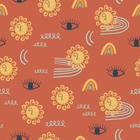 Seamless pattern with the Sun, eye, rainbow, textures. Abstract y2k background. Hand drawn retro style illustration. vector