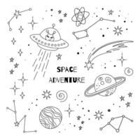 Outer space adventure background with hand drawn planets, stars, UFO. Doodle outer space print. Illustration for card, sticker, print, coloring page, tattoo. Outline kid doodles, anti stress. vector