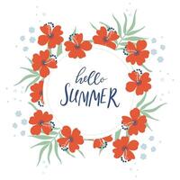 Tropical flower wreath and Hello Summer lettering. Beautiful floral composition. Hand drawn illustration with bold flowers for greeting card, banner, poster, advertising, textile print. vector