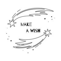 Cute print with shooting stars or comets. Make a wish lettering. Space theme illustration for card, sticker, print, coloring page. Outline kid doodles, anti stress. vector