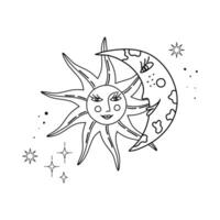 Doodle outer space print in whimsical boho style with Moon and Sun faces. Sunshine and crescent cosmic symbols. Illustration for card, sticker, print, coloring page, tattoo. Anti stress. vector