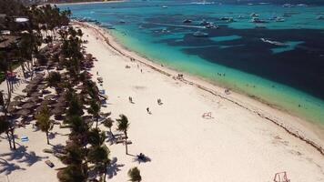 Aerial view of tropical beach of a luxury resort with white sand on a bright sunny day. Palm trees, the Caribbean Sea, and a swimming pool. Punta Cana, Dominican Republic video