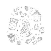 A set with a knitting girl and knitted clothes. Doodle outline black and white illustration. vector
