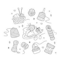 Set with cute cat, balls of yarn and containers. Doodle outline black and white illustration. vector