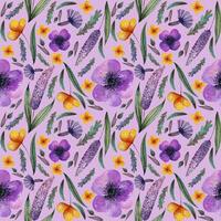 Seamless pattern meadow lilac yellow flowers and herbs, cornflowers, on lilac background vector