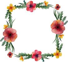 Square frame. A wreath of wild meadow flowers. Poppies and herbs vector