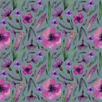 Seamless pattern meadow pink lilac flowers and herbs, cornflowers, on gray blue background vector