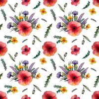 seamless pattern wild meadow flowers poppy cornflower and herbs on a white background vector