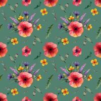 Seamless pattern with red poppy and lilac cornflowers flowers yellow flowers and herbs on a green background vector