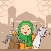 Eid al Adha greeting card. cartoon muslim family celebrating Eid al Adha with goats, stars and mosque as background vector