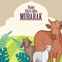 Eid al adha mubarak greeting card with Cow, goat and lamb Poster banner illustration graphic design. The image is of a happy Eid al-Adha celebration vector