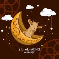 Eid al adha mubarak greeting card with Cow, goat and lamb Poster banner illustration graphic design. The image is of a happy Eid al-Adha celebration vector