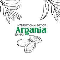 International day of argania celebration design with the argan oil. Hand drawing line Argan oil nuts with plant illustration. International Day of Argania celebration poster design vector