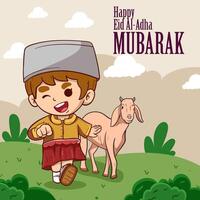 A boy is walking with a goat in a field. The boy is smiling and the goat is looking at him. The image is of a happy Eid al-Adha celebration vector