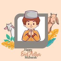 ilustración de eid al-adha presentando musulmán personas y sacrificatorio animales tal como oveja y vacas reunido alrededor, con mezquitas en el antecedentes. Perfecto para tarjeta, bandera, web, vector