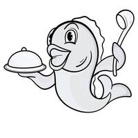 Cute Fish Line Cartoon Illustration. Animal Food Icon Concept Isolated. Flat Cartoon Style coloring page vector