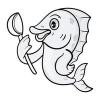 Cute Fish Line Cartoon Illustration. Animal Food Icon Concept Isolated. Flat Cartoon Style coloring page vector