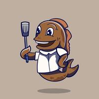 Chef fish mascot cartoon can be used as mascot or part of logo. Sea food logo design. vector