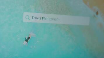 Travel Photography inscription on azure sea water background. Travel concept video