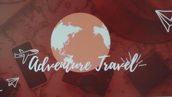 Adventure Travel inscription on background of rotating Earth Globe. Graphic presentation with aircraft symbol video