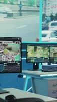 Vertical General defense offices with satellite based CCTV network uses real time surveillance images to monitor highway traffic. Administrative transmission and reconnaissance services in observation room. video