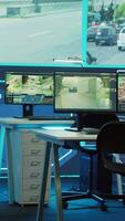 Vertical National protection agency headquarters with radar systems and satellite surveillance equipment to observe traffic via recordings. Office space used for monitoring inspection. video