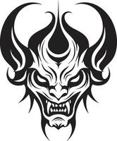 estigio simbolismo cabeza de diablo tatuaje en ébano infernal insignias negro cabeza de diablo vector