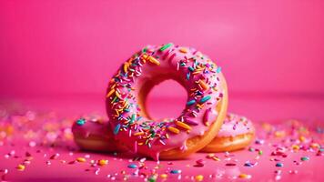 roze berijpt donuts met kleurrijk hagelslag Aan een roze achtergrond, ideaal voor voedsel bloggen, nationaal donut dag themed inhoud, en toetje afzet video