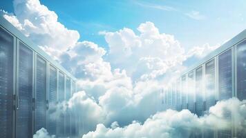 Modern data center servers merging with cloud computing concept against a sky with clouds, symbolizing high tech and World Information Society Day video