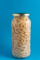 A clear jar filled with cooked white beans sits against a vibrant blue background. The beans are neatly packed, showcasing their smooth texture and light color. photo