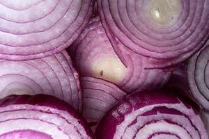 Slices of red onion neatly arranged on a white background. The vibrant purple tones and intricate rings create a visually appealing pattern. The translucence adds depth and texture to the composition. photo