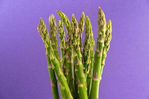 Vibrant green asparagus against a soft purple backdrop. Freshness and elegance captured in one frame. photo
