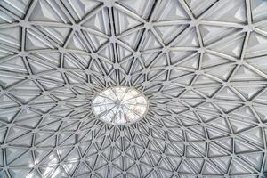 The steel inner part of the roof with the framework of the Chorsu Bazaar in Tashkent. Geometric architectural background. photo