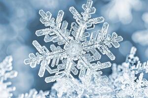 A snowflake under a microscope in the shape of a six-pointed star. photo