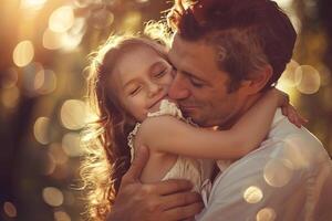 un pequeño niña abrazando su padre en naturaleza en del padre día. foto
