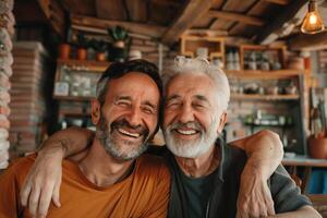 Smiling hipster son hugging elderly father with beard. Two generations of men enjoy meeting on Father's Day. photo