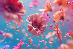 Abstract explosion of many colorful flowers and petals on a uniform background. photo