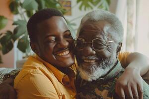 sonriente africano americano hijo abrazando mayor padre con barba. dos generaciones de hombres disfrutar reunión en del padre día. foto