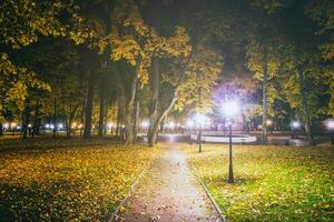 noche parque en otoño con caído amarillo hojas.ciudad noche parque en dorado otoño con linternas, caído amarillo hojas y arce arboles Clásico película estético. foto