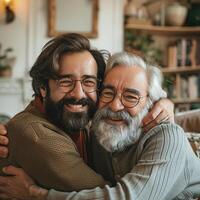 sonriente hipster hijo abrazando mayor padre con barba. dos generaciones de hombres disfrutar reunión en del padre día. foto