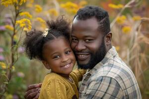 A little african american girl hugging her father in nature. photo