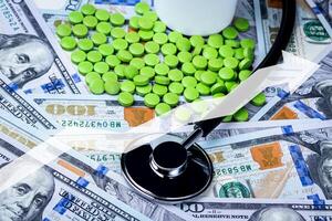 Green pills on the background of one hundred dollar bills. photo